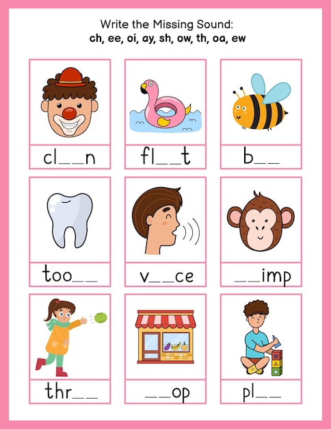 Premium Vector | Write the missing sounds phonics worksheet Choose ...