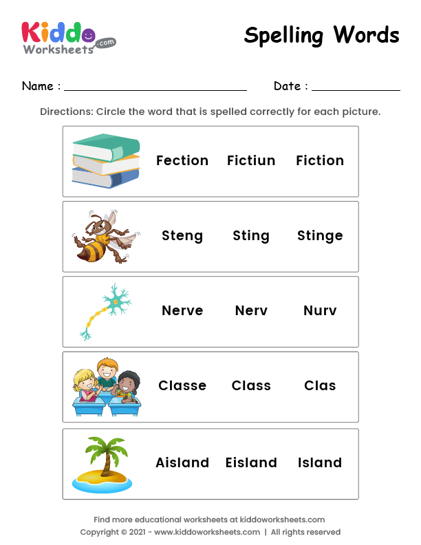 Free Printable Spelling words Worksheet 1 - kiddoworksheets