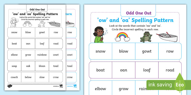 ow and oa Spelling Pattern Odd One Out Worksheet