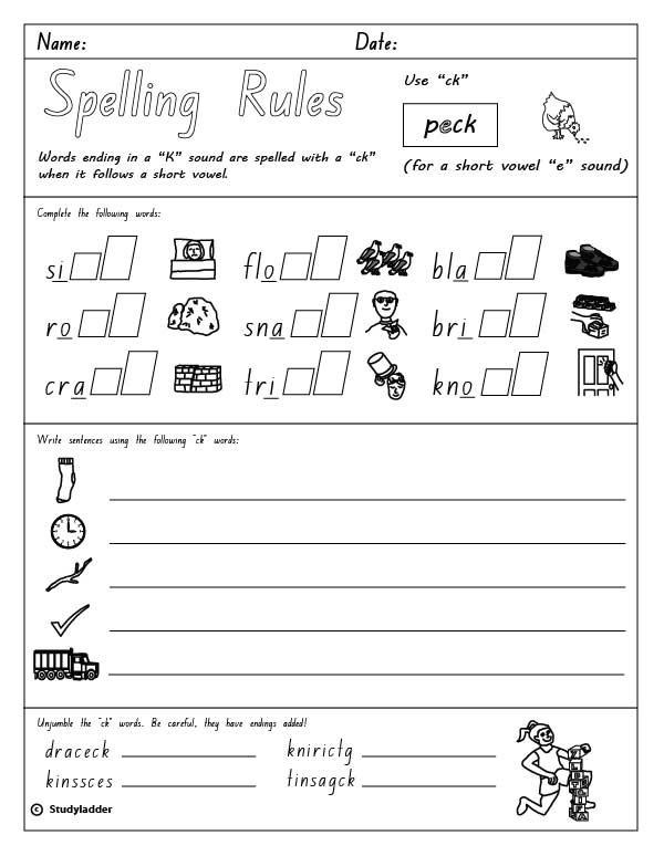 Spelling Rule: Use ck after a short vowel sound. - Studyladder ...