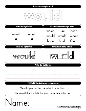 WOULD Sight Word Worksheet  
