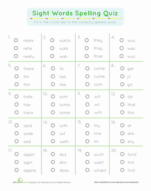 Sight Words Spelling Quiz | Worksheet 