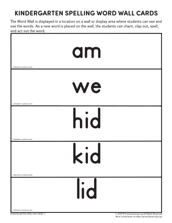 Kindergarten Spelling Word Wall (Unit 7)  