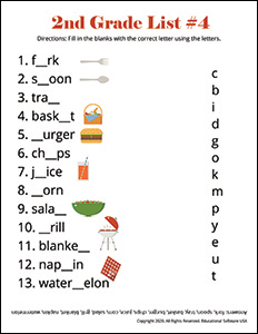 2nd Grade Spelling Worksheet for List #4