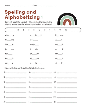 Spelling and Alphabetizing #1 | Worksheet 