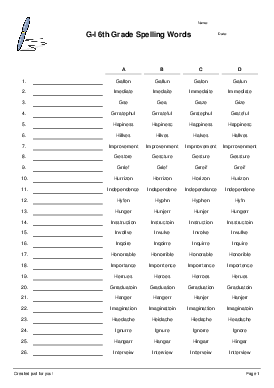 spelling worksheet 6th grade
