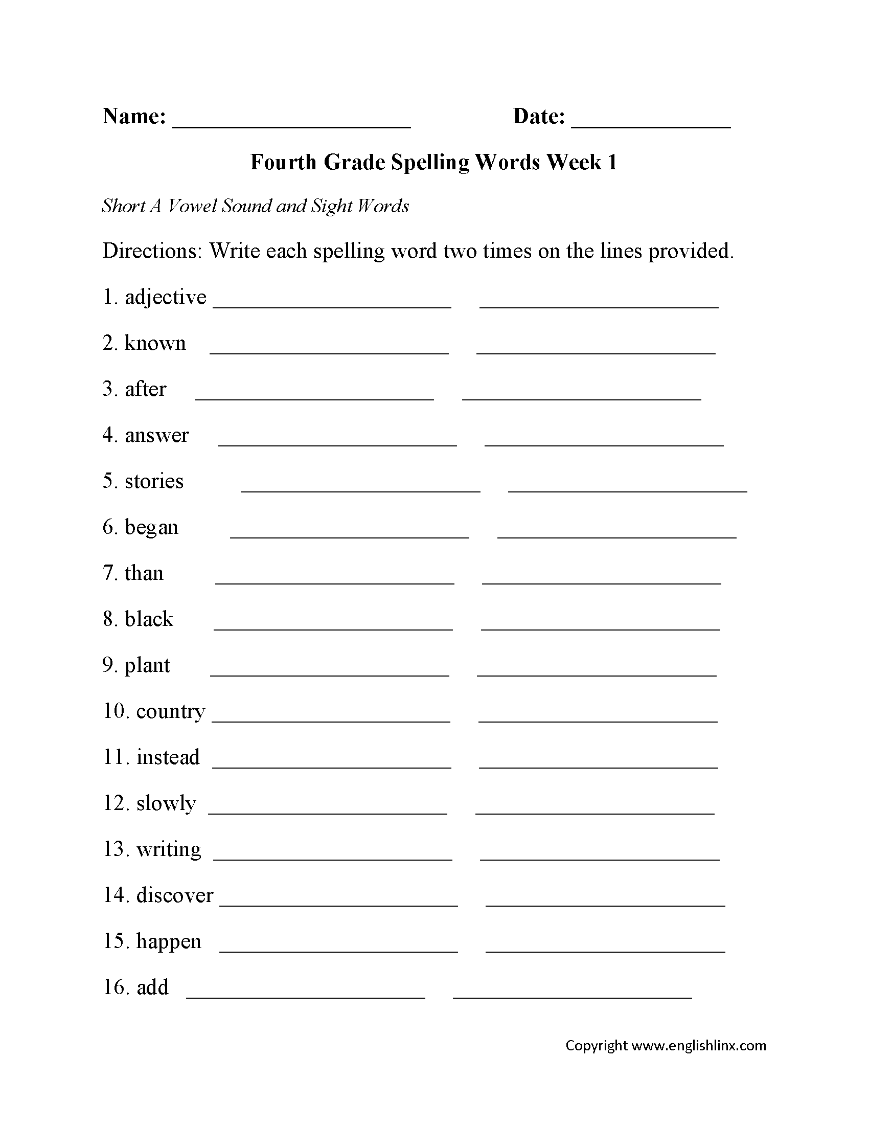 spelling worksheet for 4th grade
