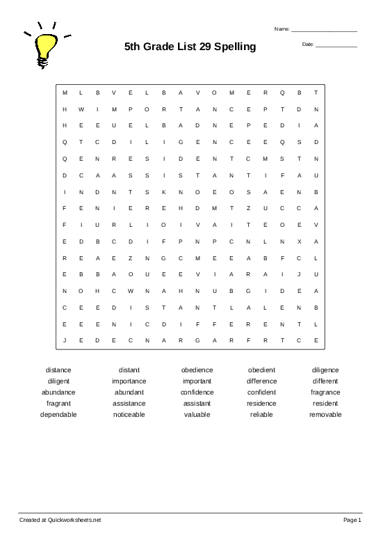 5th Grade List 29 Spelling - Wordsearch - Quickworksheets