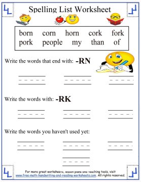 1st Grade Spelling - Lists and Worksheets