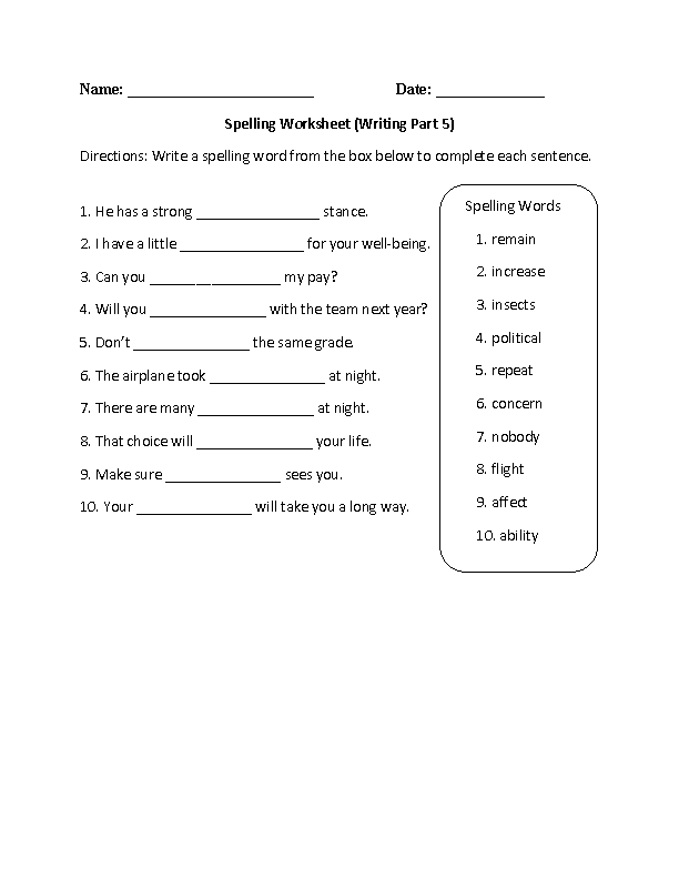 spelling worksheet for middle school