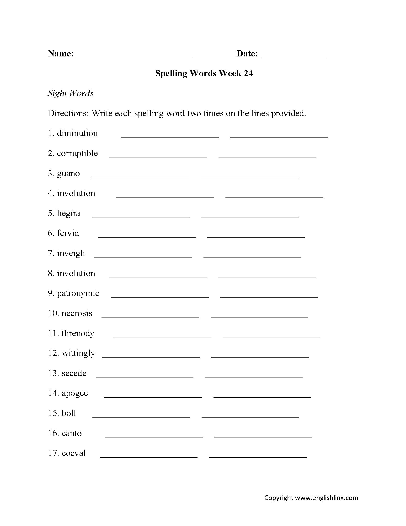 Spelling Worksheets | High School Spelling Worksheets