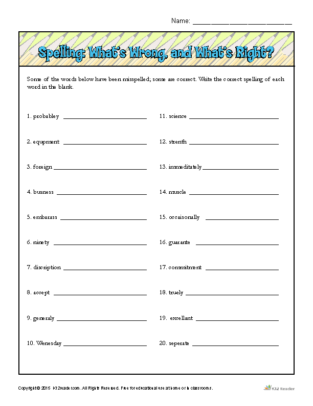 Spelling Worksheet: Whats Wrong, and Whats Right?