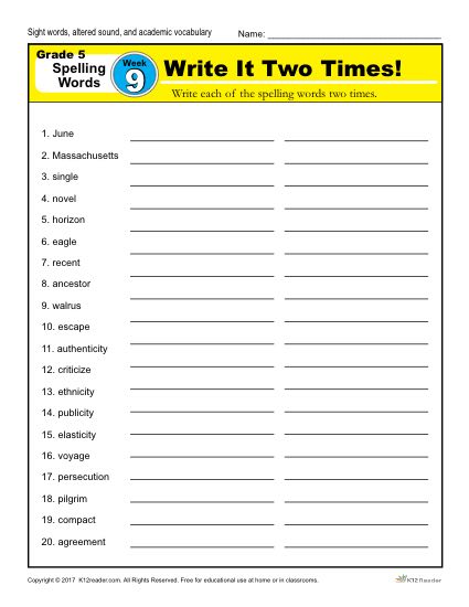 Fifth Grade Spelling Words List - Week 9 | K12Reader