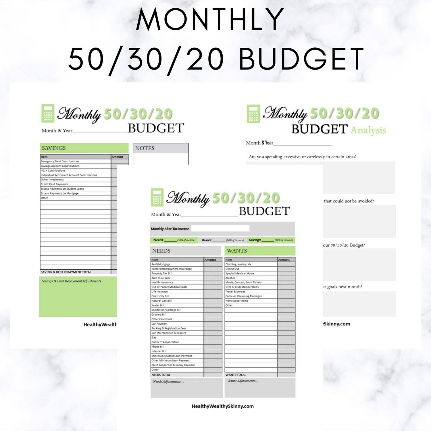 Monthly 50/30/20 Budget Worksheet PDF (Available In Various Colors)