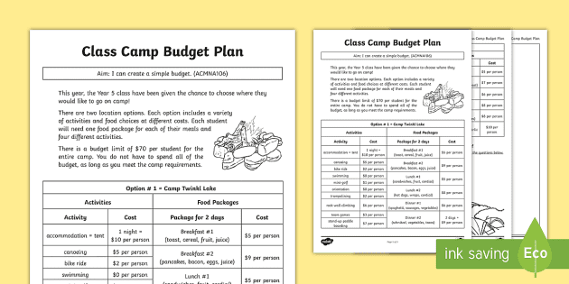 Class Camp Budget Plan Worksheet / Worksheet - Twinkl