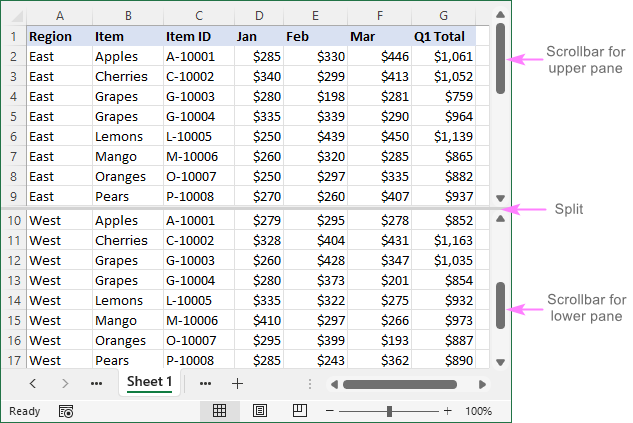 How to split screen in Excel vertically and horizontally