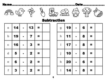 Spring, 100 First Grade Subtraction upto 20 Worksheets school ...