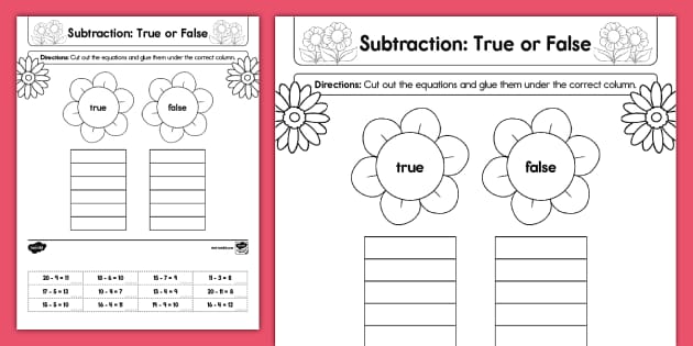 First Grade Spring Subtraction Within 20 True or False Cut