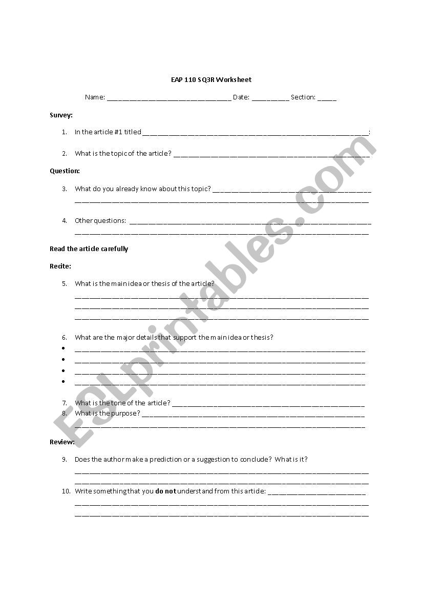 SQ3R Worksheet - ESL worksheet by LuluSTL