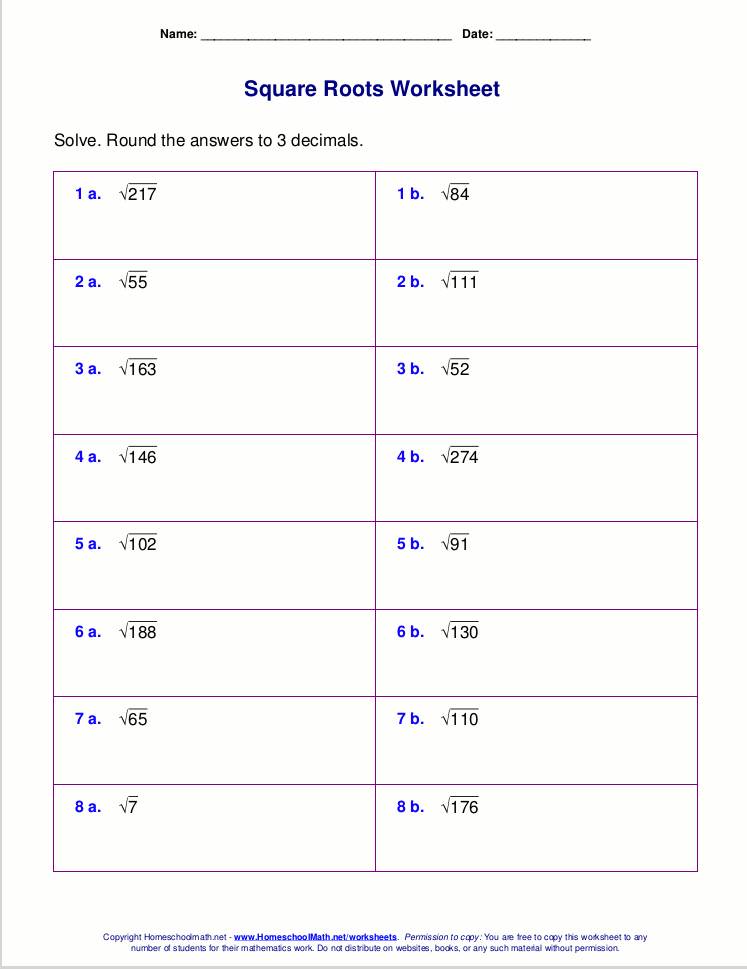 Free square root worksheets (PDF and html)