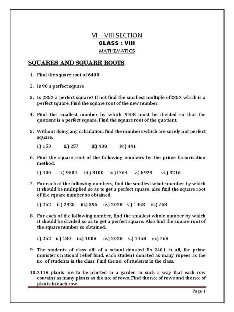 CBSE Class 8 Mathematics Worksheet - Square and Square Roots ...