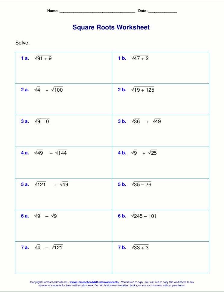 Free square root worksheets (PDF and html)