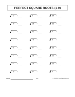 Square Root Worksheets