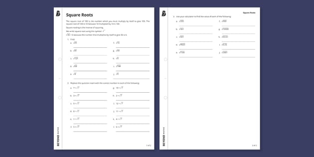 Square Roots Worksheets | Number | Beyond Secondary - Twinkl