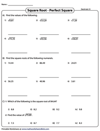 Square Root Worksheets