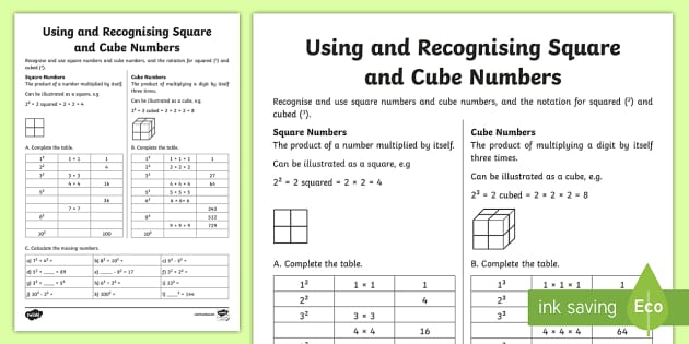 squares and cubes worksheet