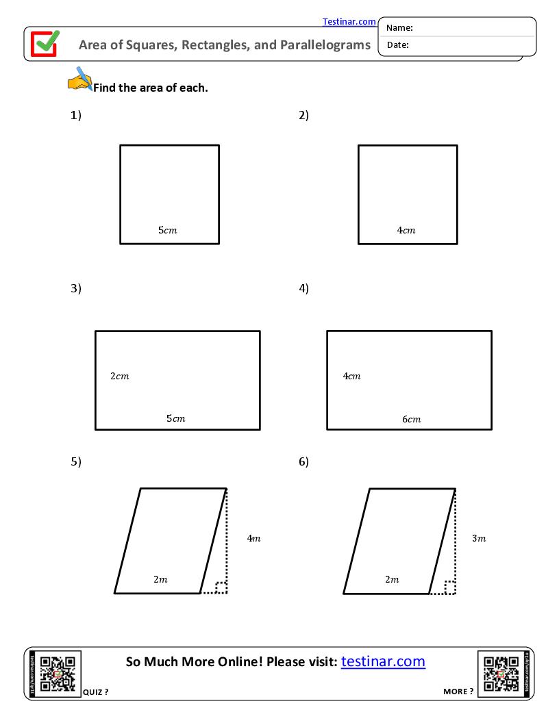Area of Squares, Rectangles, and Parallelograms worksheets