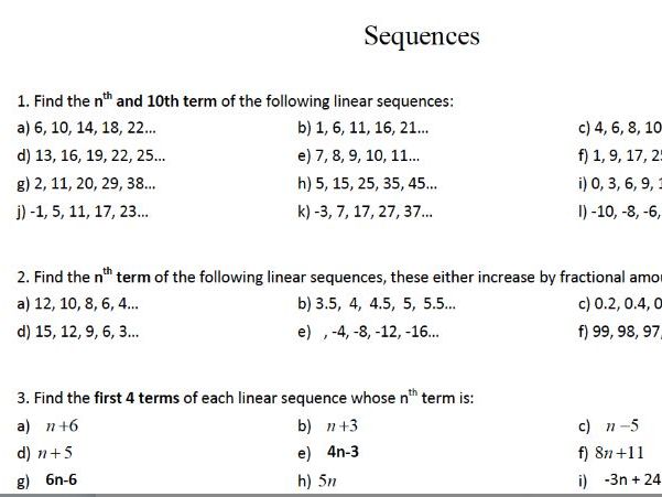GCSE MATHS sequences worksheet  