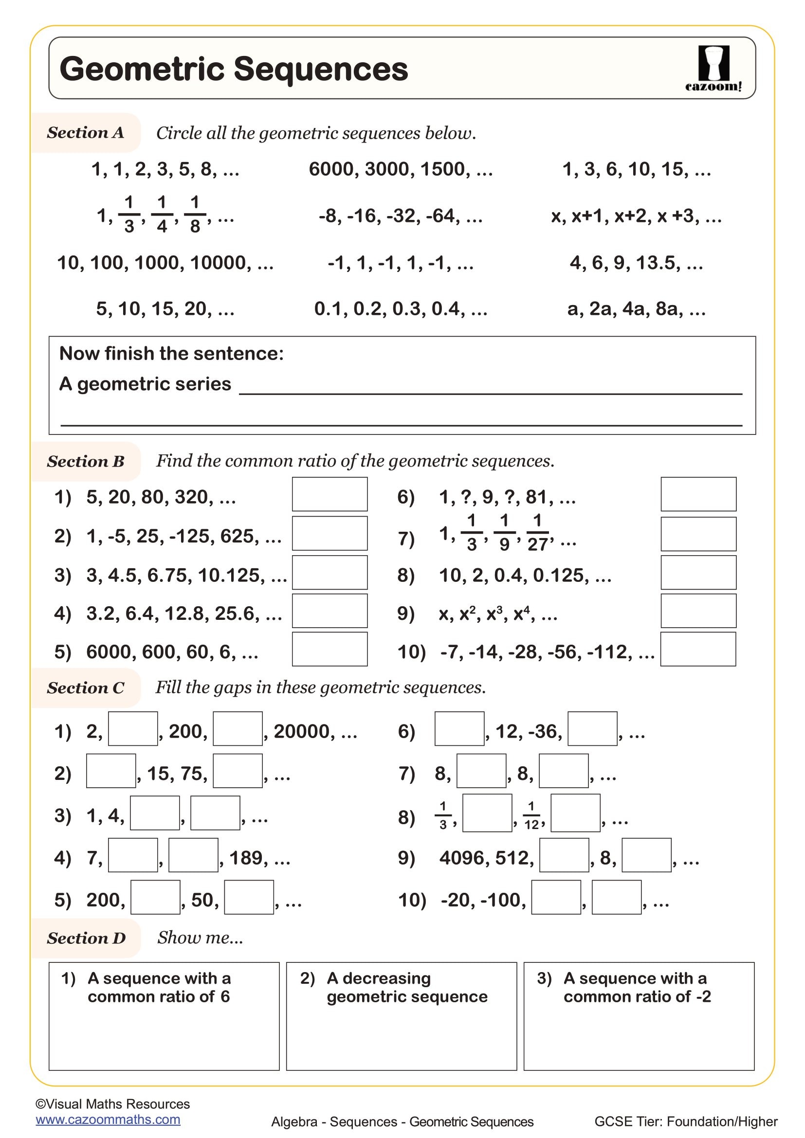 Geometric Sequences Worksheet | Printable PDF Worksheets