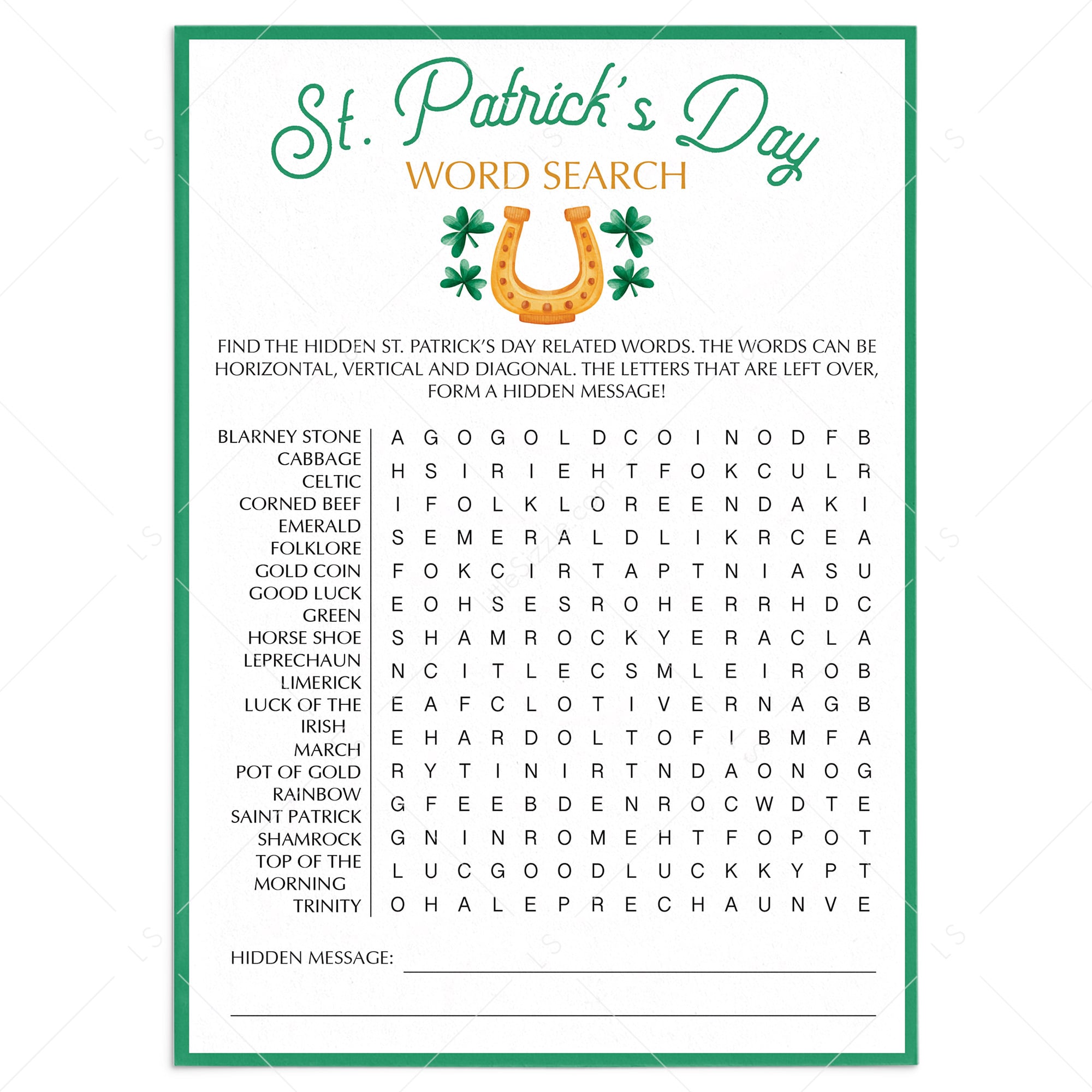 St Patricks Day Word Search Printable Instant Download St Patricks Day Word Search Printable Instant Download