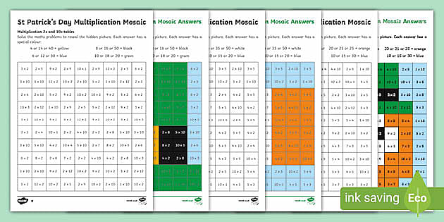 St Patricks Day | Multiplication Maths Mosaic Worksheets