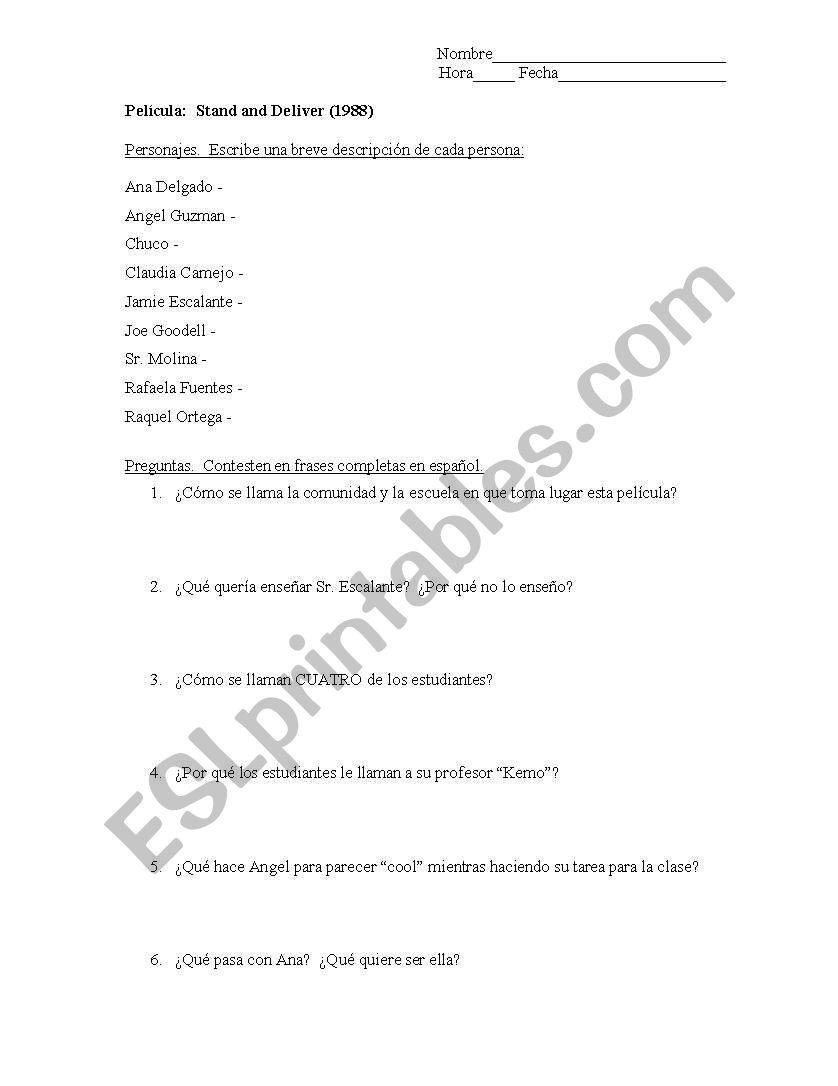 Film Questions Stand and Deliver 1. Stand and Worksheets