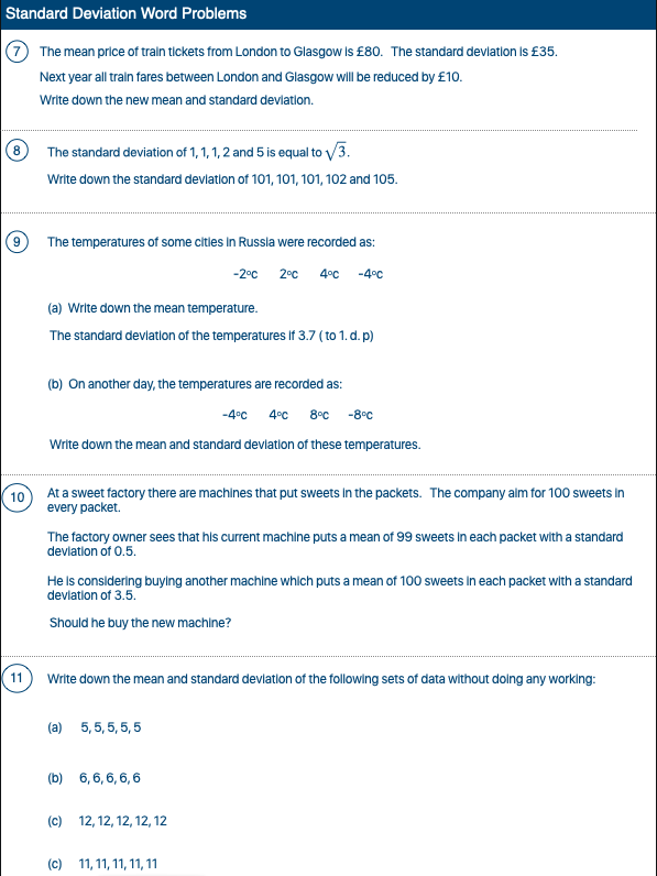 Standard Deviation Word Problems Starting Points Maths Worksheets
