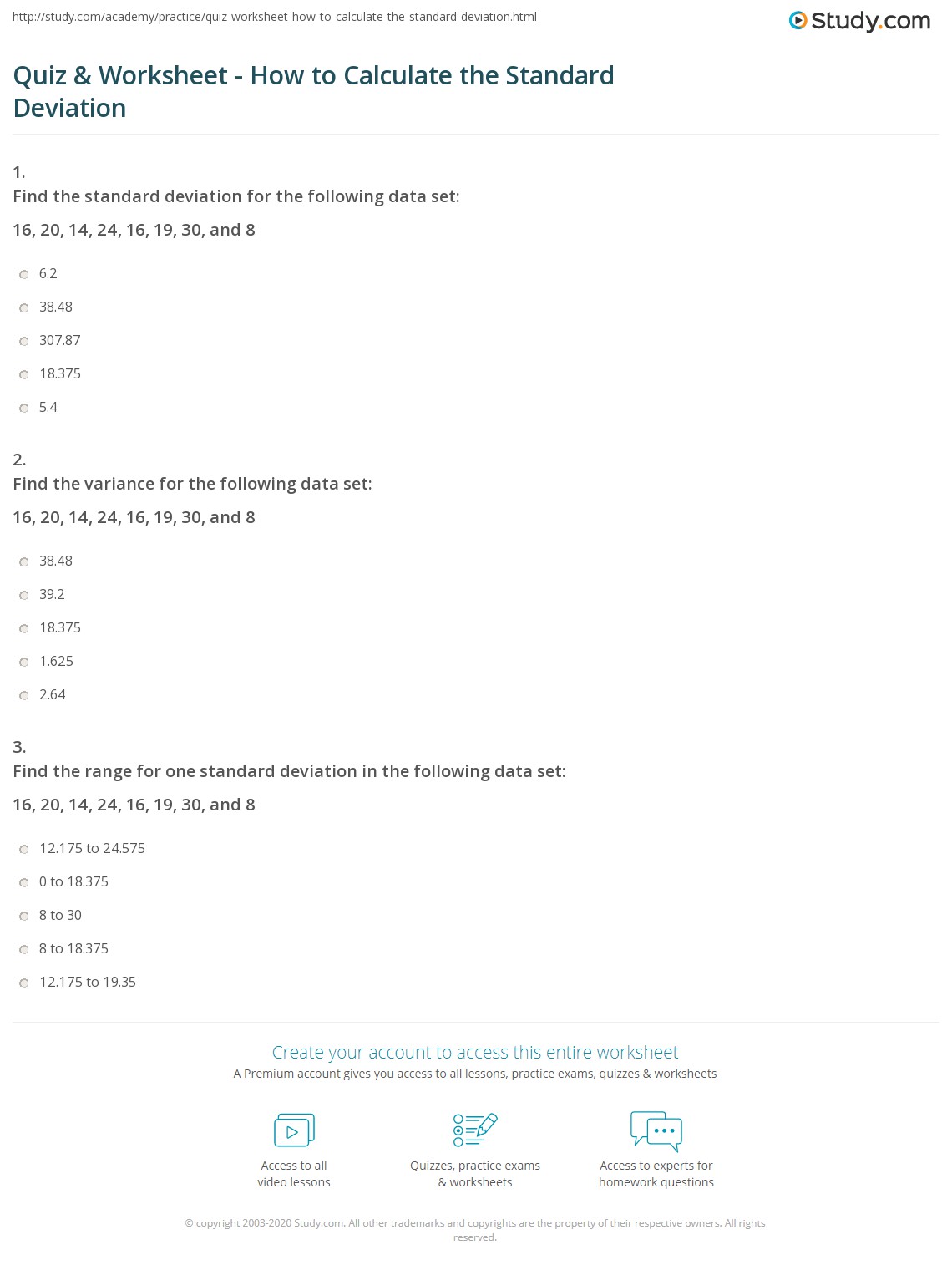 Quiz &  Worksheet - How to Calculate the Standard Deviation | Study.com