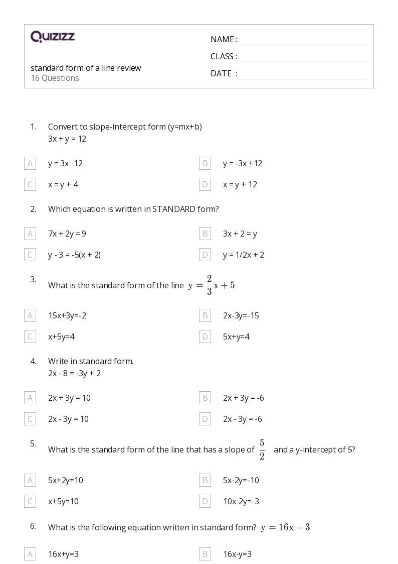 standard form of a line worksheet