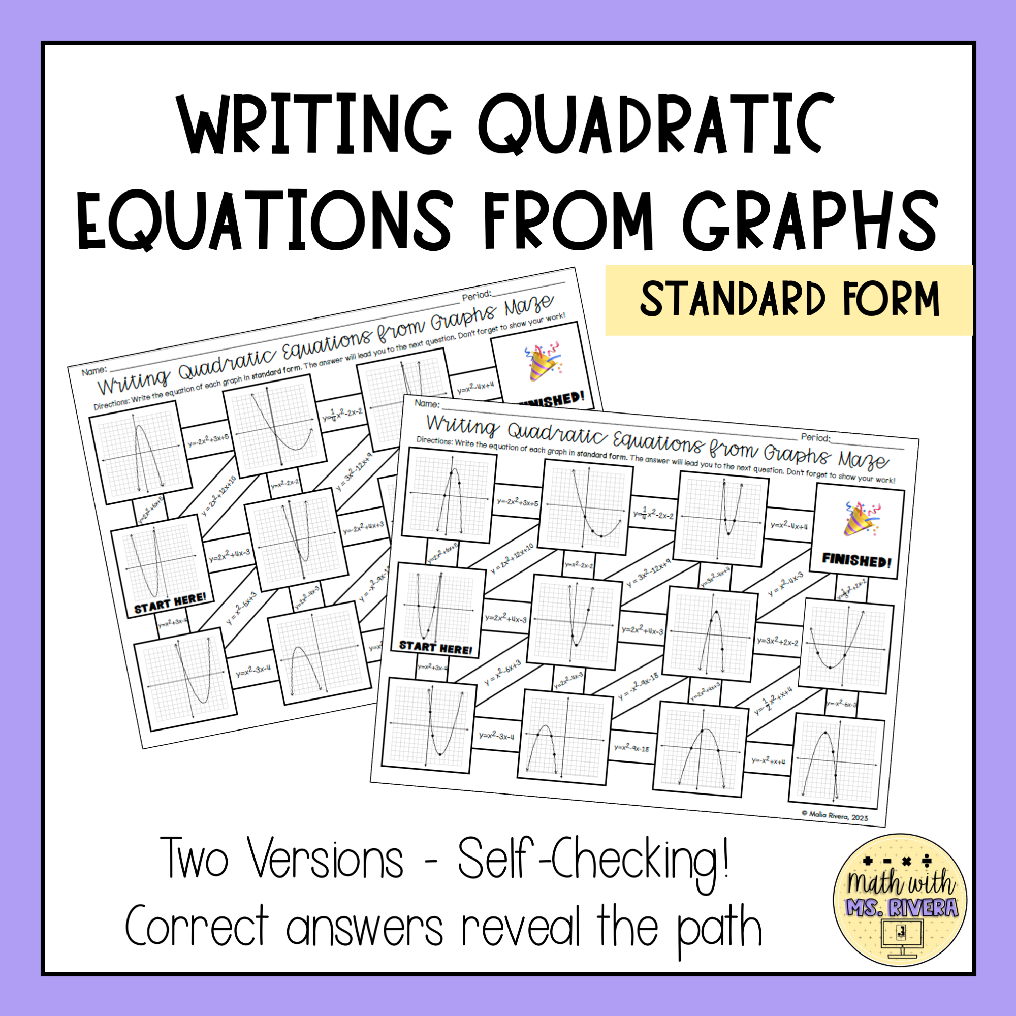Writing Quadratic Equations from Graphs in Standard Form Maze