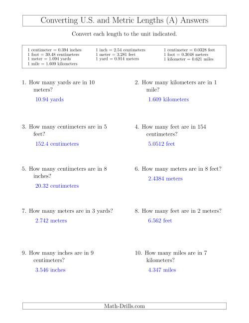 Converting Between U.S. Customary and Metric Lengths (A)