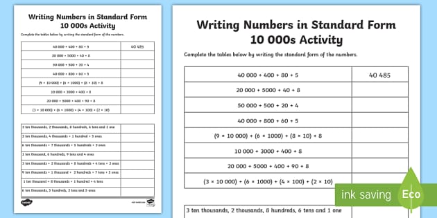 Writing Numbers in Standard Form 10 000s Worksheet / Worksheet ...