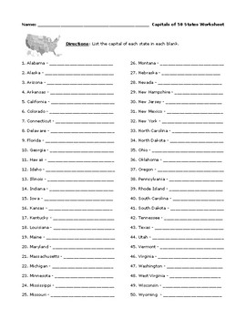 50 State Capitals Worksheet with Detailed Answer Key by Debbies Den