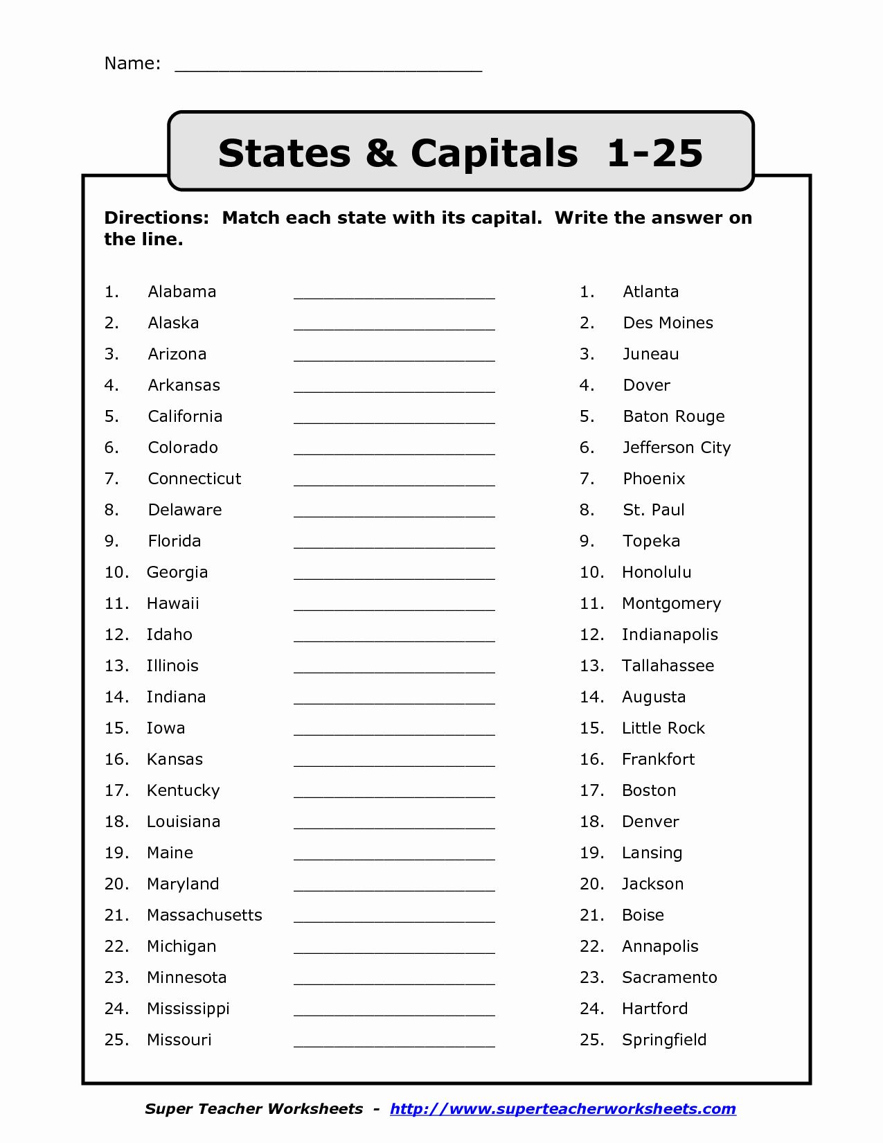 States and Capitals Matching Worksheet New Name States Capitals 1 ...