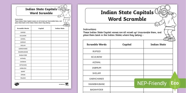 Indian State Capitals Word Scramble (Lehrer gemacht)