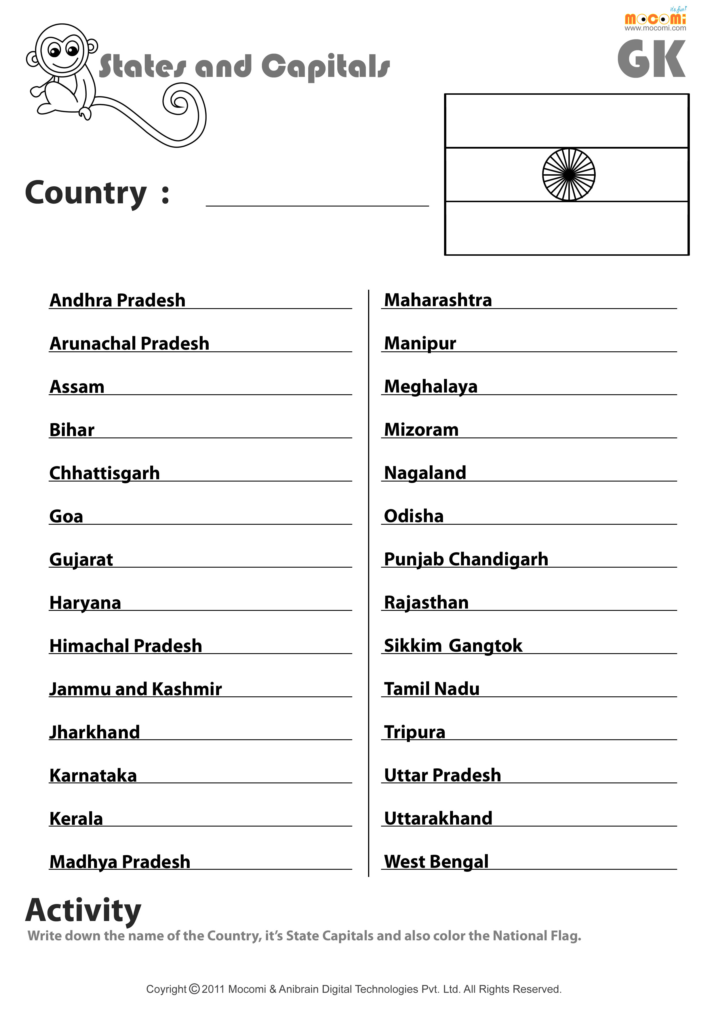 Indian States And Their Capitals - English Worksheets for Kids ...