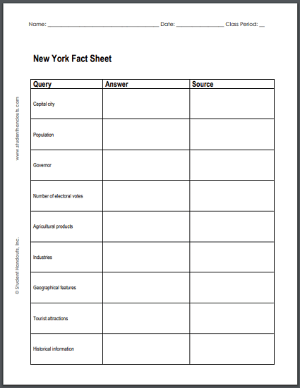 New York State Facts Worksheet | Student Handouts