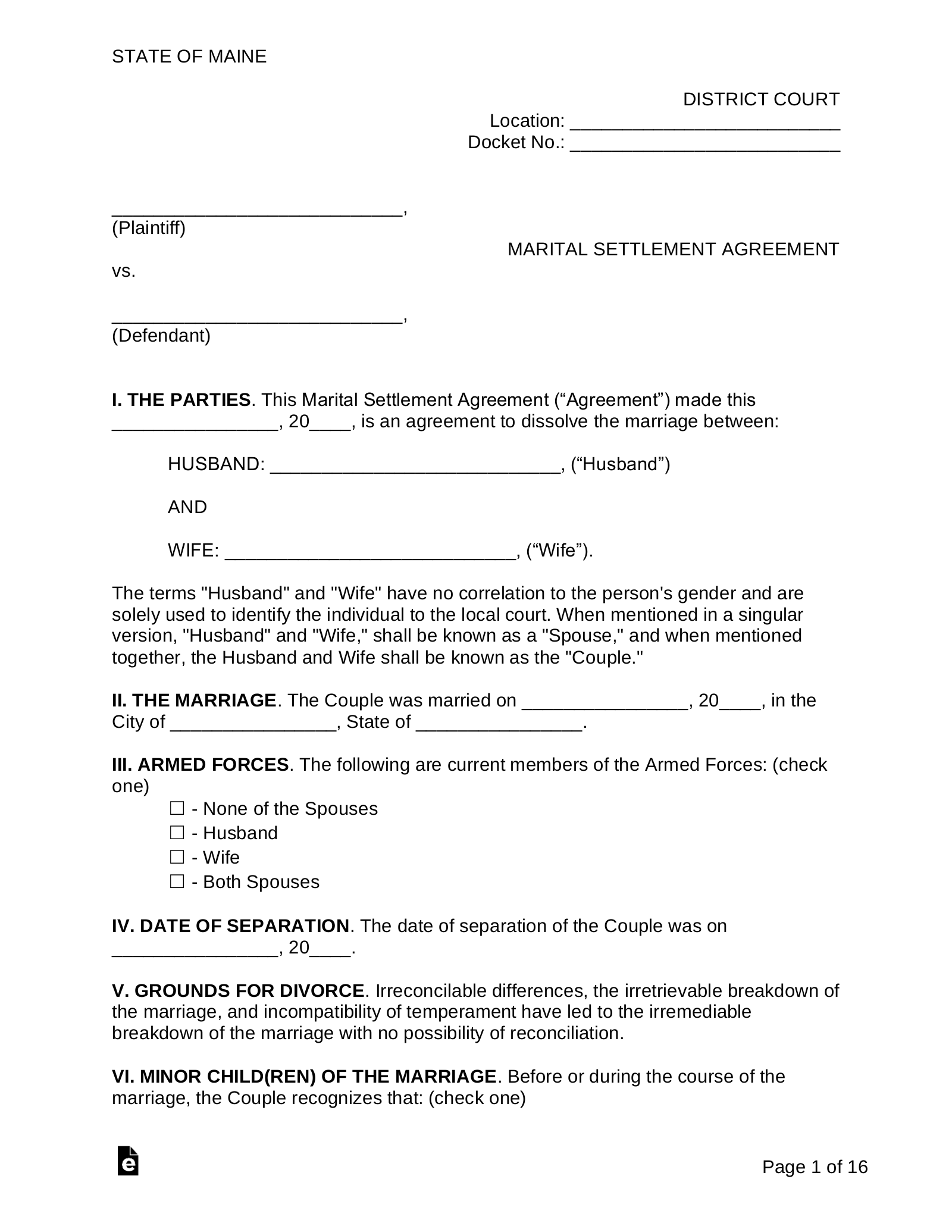 state of maine printable divorce papers