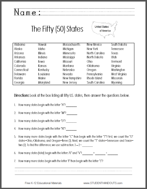 Fifty States Math and Geography Worksheet | Student Handouts