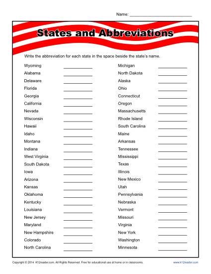States and Abbreviations Worksheet Practice Activity
